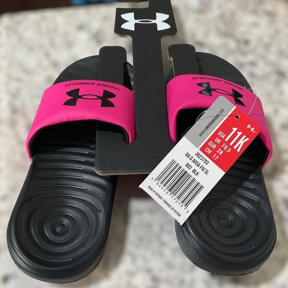 Under Armour Ansa Kids' Slide Sandals Black / Pink Surge Various Sizes - Picture 1 of 8